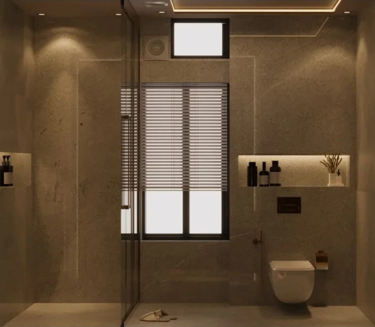 Bathroom wet area with stone-clad walls, a glass shower screen, backlit niche shelving, a wall-hung WC and a window with slatted blinds