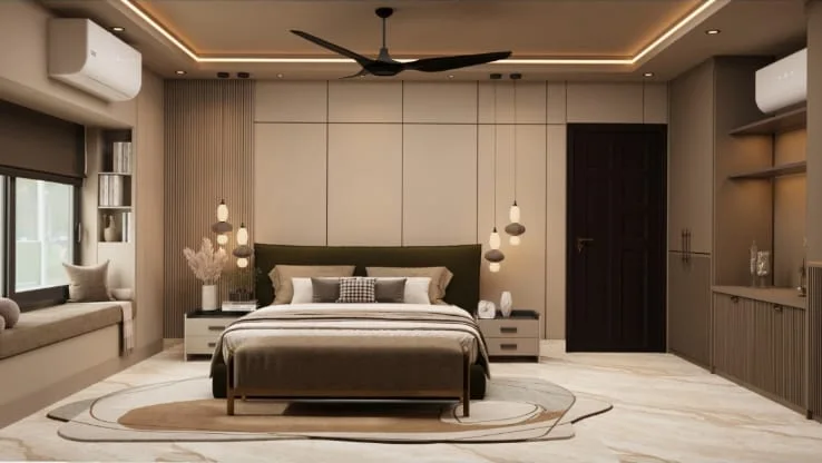 Master bedroom from an angle showing the full cove ceiling, panelled headboard wall and pendant lights at both bedsides