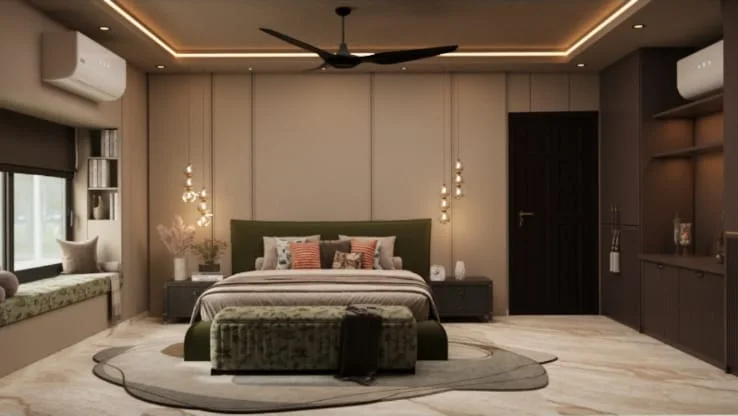 Master bedroom with a dark green velvet headboard, pendant light clusters, an LED cove ceiling, marble-effect flooring and a built-in dark wardrobe