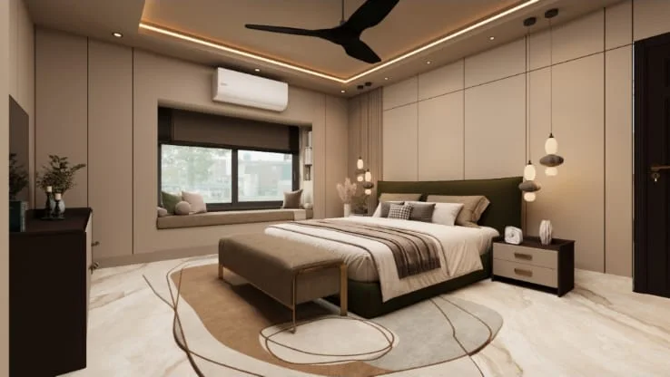 Master bedroom side view showing the ceiling fan within the cove frame, the window seat bay and the bedside pendant clusters