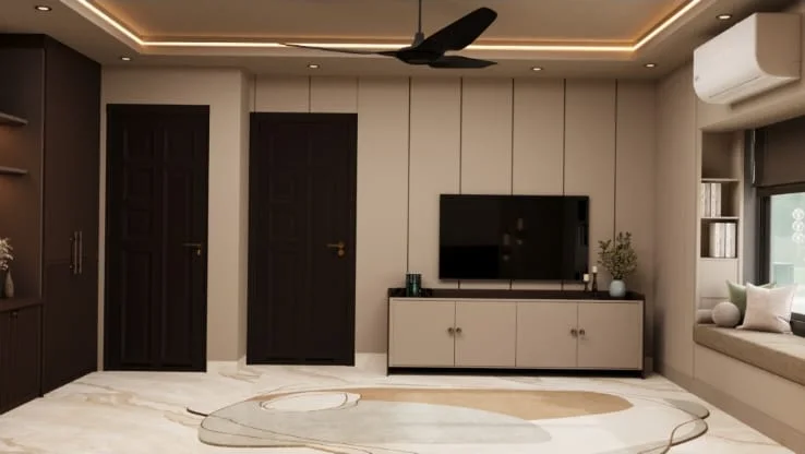 Bedroom TV wall with a continuous dark joinery wardrobe run and an integrated TV unit