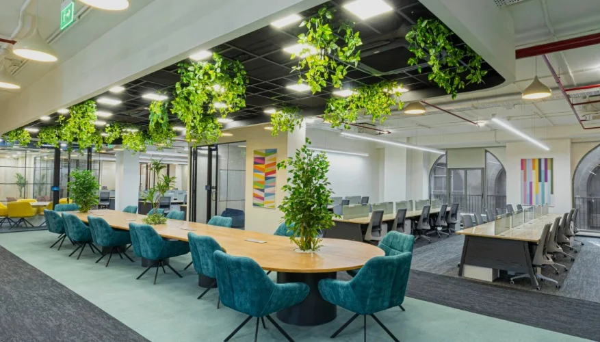 Open-plan office with a planted black ceiling grid, an oval meeting table with teal chairs, and bench workstations beyond